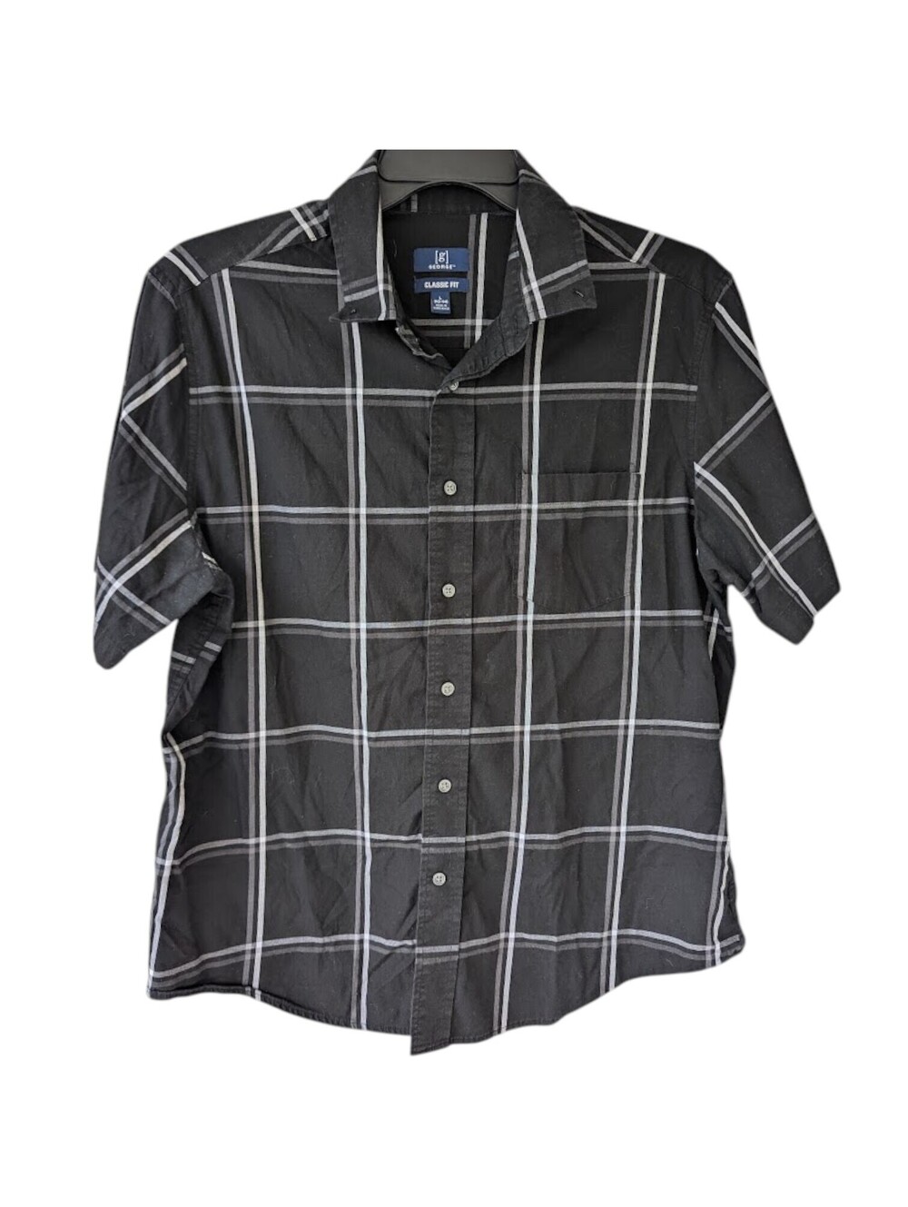 George Men L Black Gray Plaid Short Sleeve Button Up Shirt Lyocell Blend 23.5x28